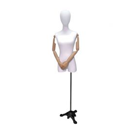 Linen Female Foam Dress Form, Height W/O Head: 37", Height With Head: 45", Shoulder: 16", Chest: 35", Waist: 25 1/2", Hip: 34 1/2", Arms Are Durable Plastic With Wooden Pattern Design, Form Only, Shown Here In Base # Itb/1